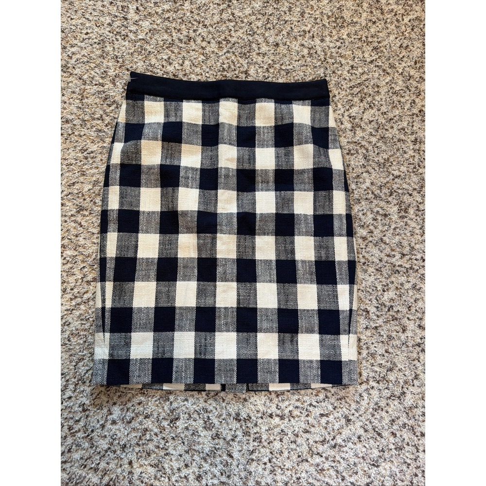 J Crew New Pencil Skirt Blue/White Plaid Skirt Sz 00 Cotton Linen Lined